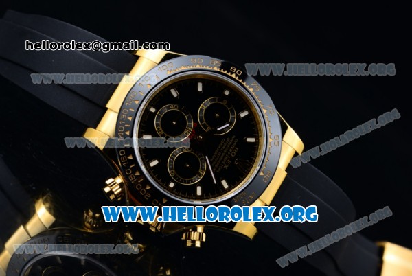 Rolex Daytona Chrono Clone Rolex 4130 Automatic Yellow Gold Case with Black Dial Ceramic Bezel and Black Rubber Strap (EF) - Click Image to Close